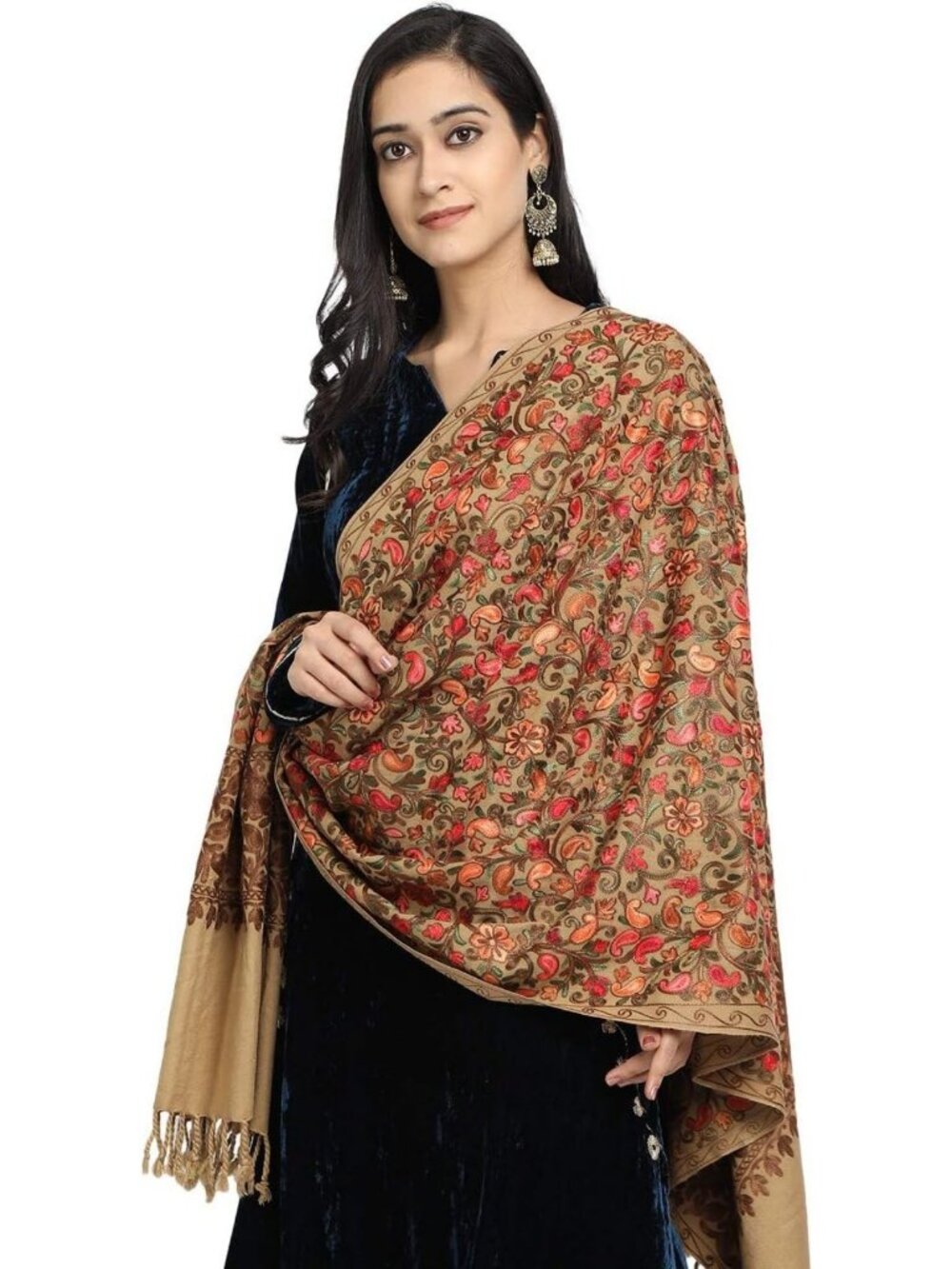 Elegant Kashmir Women’s Stole Scarf Wrap Shawl with Indian Embroidery Flowers